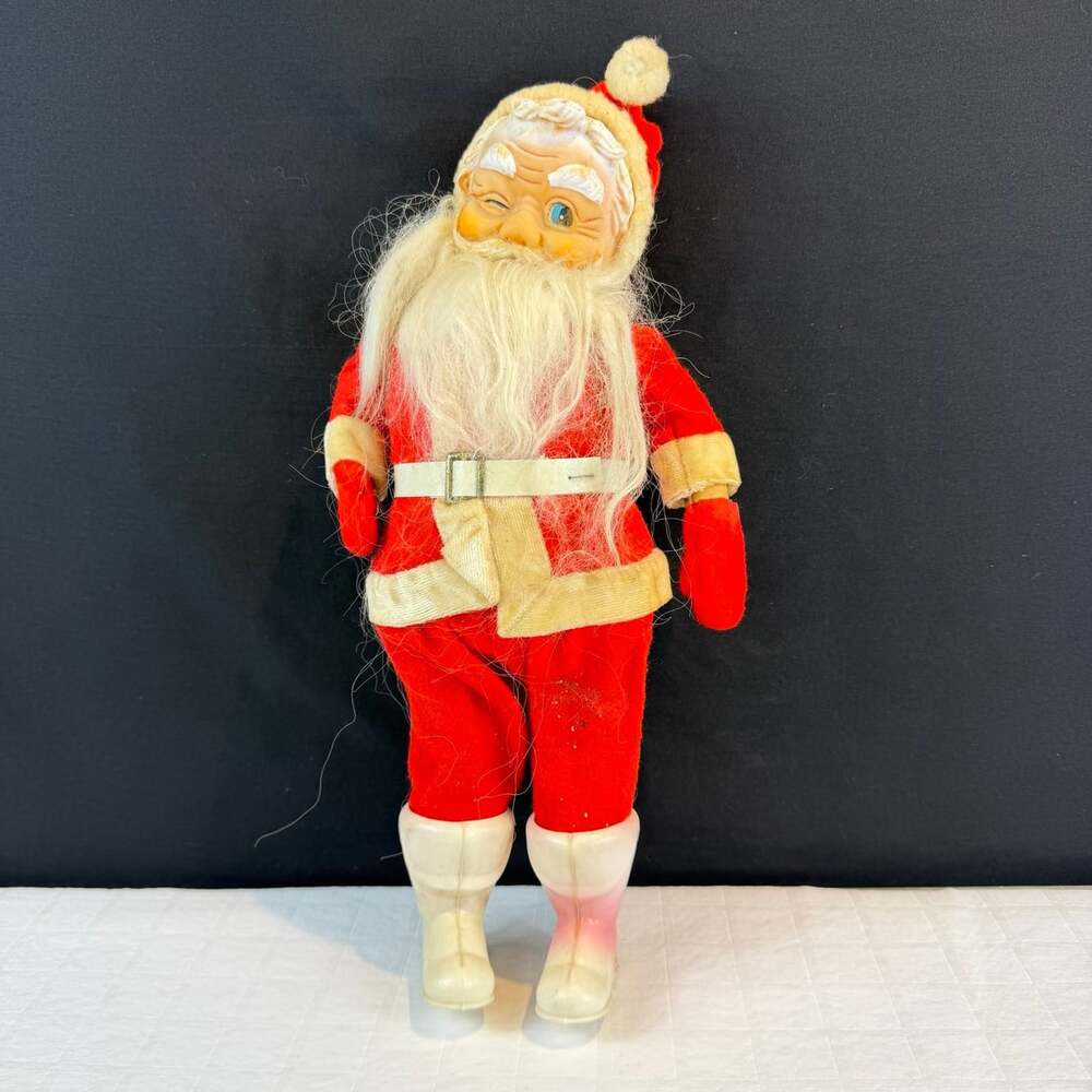 Vintage Santa Claus Figurine 13 in Red & White Fabric Outfit white Plastic Boots